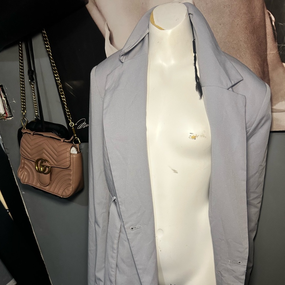 Gray Long Coat with Tan Quilted Bag